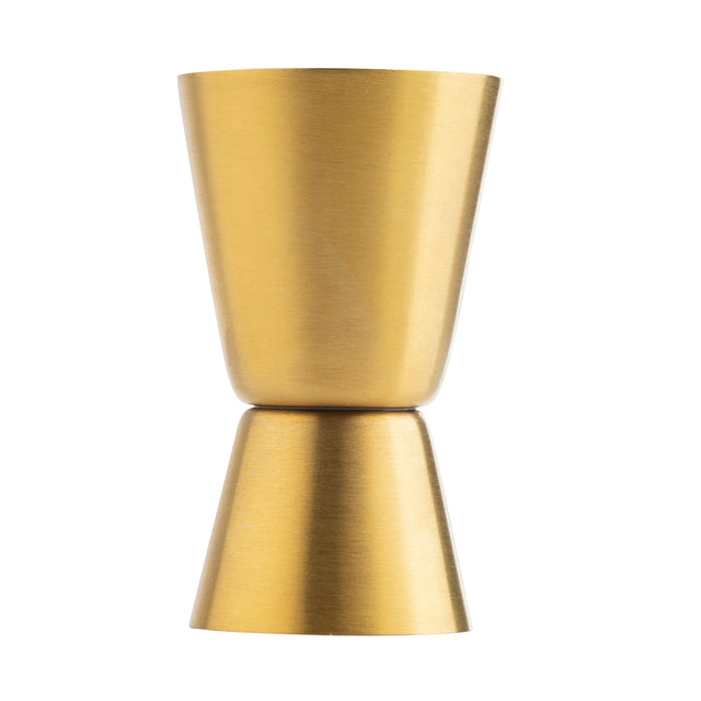 A gold cocktail jigger with a brushed finish features two conical measuring cups joined at their bases, crafted from stainless steel for accuracy and style. The larger cup sits on top, the smaller one on the bottom—perfect for precise cocktail measurements.
