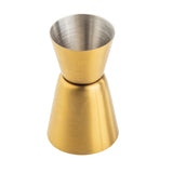 A gold cocktail jigger featuring a stainless steel interior and two cone-shaped measuring cups of different sizes, joined at the base—perfect for accurately measuring liquor in cocktails.