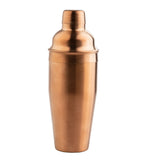 A metallic copper cocktail shaker crafted from stainless steel with a shiny, brushed finish stands upright against a plain white background. The 24 oz shaker features a rounded top, fitted cap, and sleek, cylindrical body.