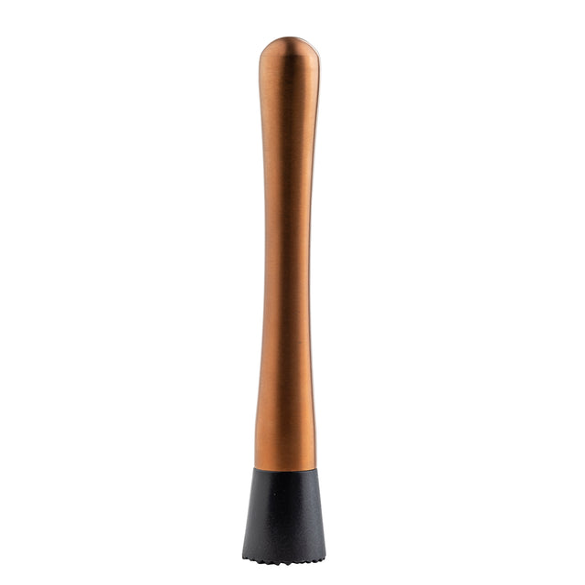 A copper-colored TableCraft Products muddler with a sleek, smooth handle and a black, textured plastic base stands upright on a white background. This stylish stainless steel muddler is ideal for crushing fruits, herbs, and spices in drink preparation.