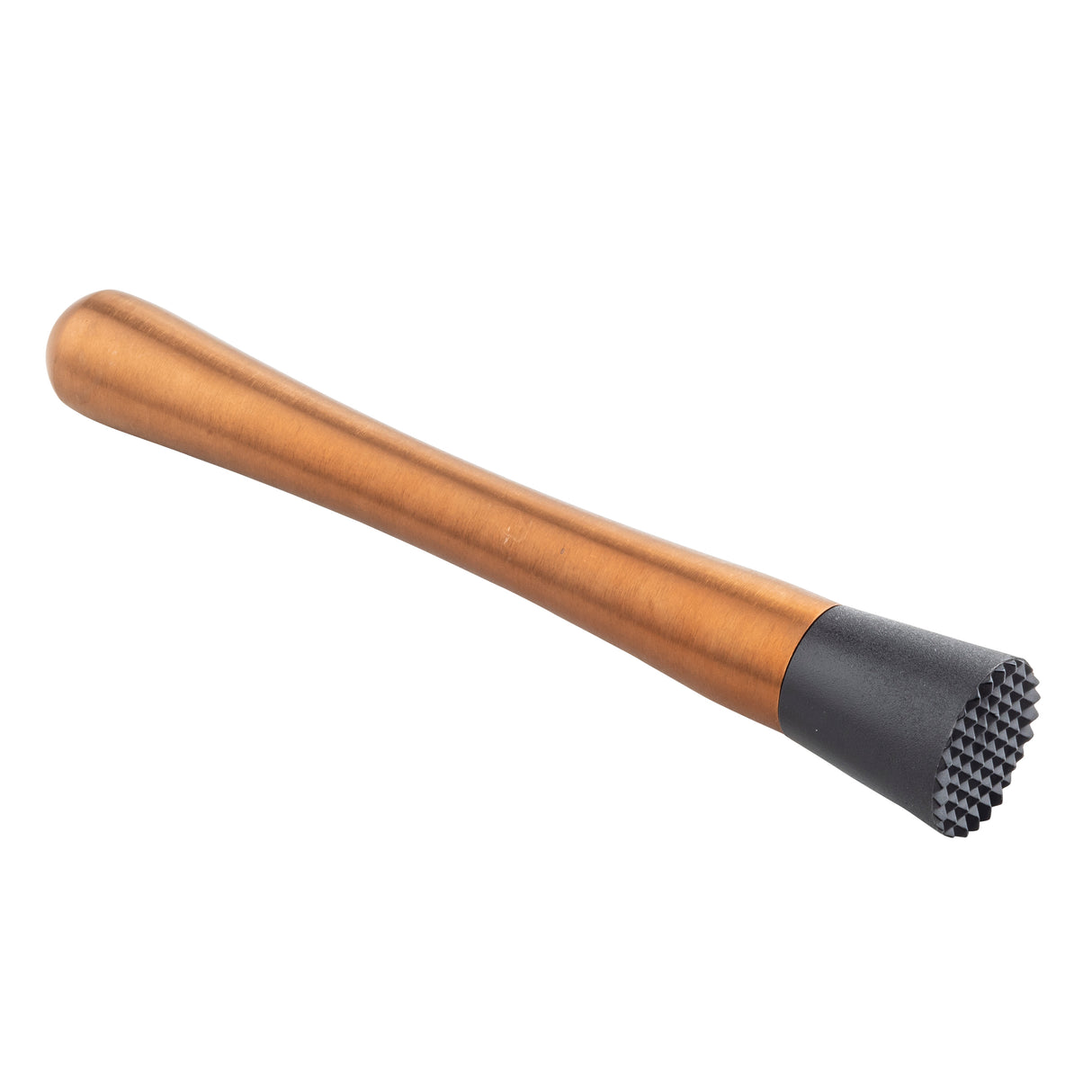 A bronze-colored TableCraft Products muddler with a smooth, tapered handle and a black, textured flat end designed for crushing ingredients in drinks, shown on a white background.