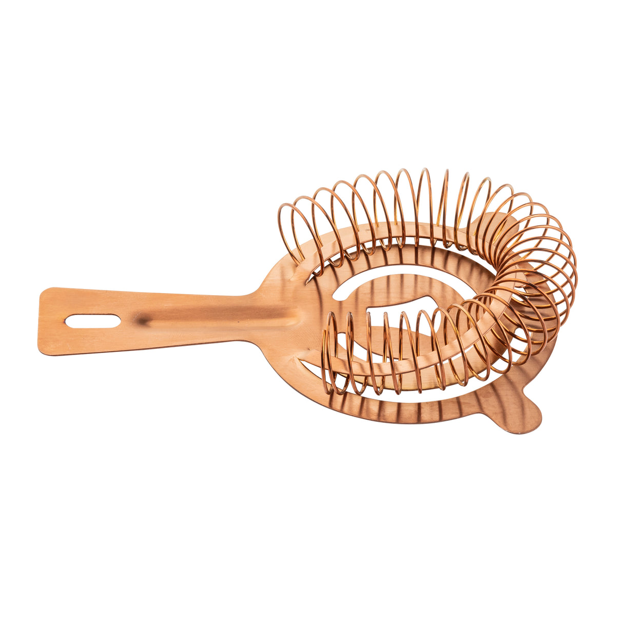 A TableCraft copper cocktail strainer with a flat handle, circular perforated plate, and a coiled spring edge, designed for straining ice while pouring drinks. Made of durable stainless steel with a slotted handle for easy hanging or gripping.