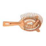 A TableCraft copper cocktail strainer with a flat handle, circular perforated plate, and a coiled spring edge, designed for straining ice while pouring drinks. Made of durable stainless steel with a slotted handle for easy hanging or gripping.