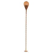 A long, slender Bar Spoon with a twisted handle, flat circular base, and large teardrop-shaped bowl at the top. Crafted from 18/8 stainless steel with a warm, coppery finish. The background is plain white.