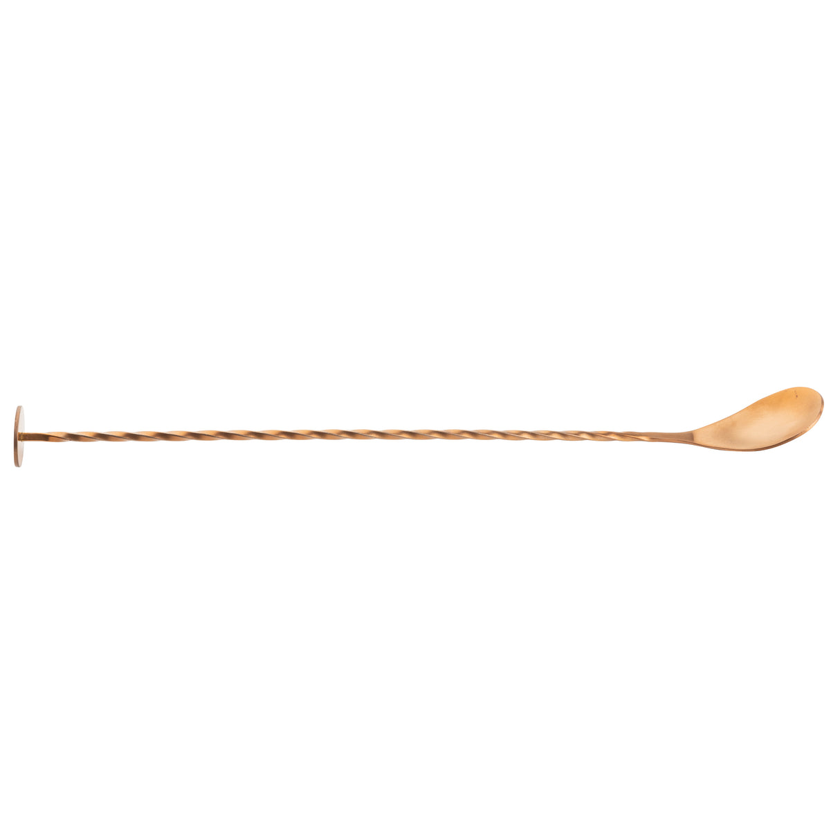A sleek and elegant Bar Spoon made from 18/8 stainless steel, featuring a long, gold-colored twisted handle. One end has a small round flat disc, while the other has an oval-shaped spoon. Perfect for mixing cocktails against a plain white background.