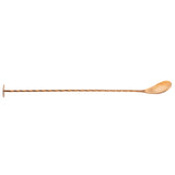 A sleek and elegant Bar Spoon made from 18/8 stainless steel, featuring a long, gold-colored twisted handle. One end has a small round flat disc, while the other has an oval-shaped spoon. Perfect for mixing cocktails against a plain white background.