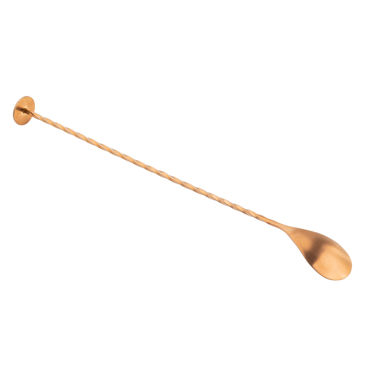 A long, bronze bar spoon made from 18/8 stainless steel features a twisted handle, a flat circular disk at one end, and a shallow oval spoon at the other, shown on a white background.