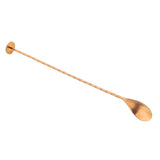 A long, bronze bar spoon made from 18/8 stainless steel features a twisted handle, a flat circular disk at one end, and a shallow oval spoon at the other, shown on a white background.