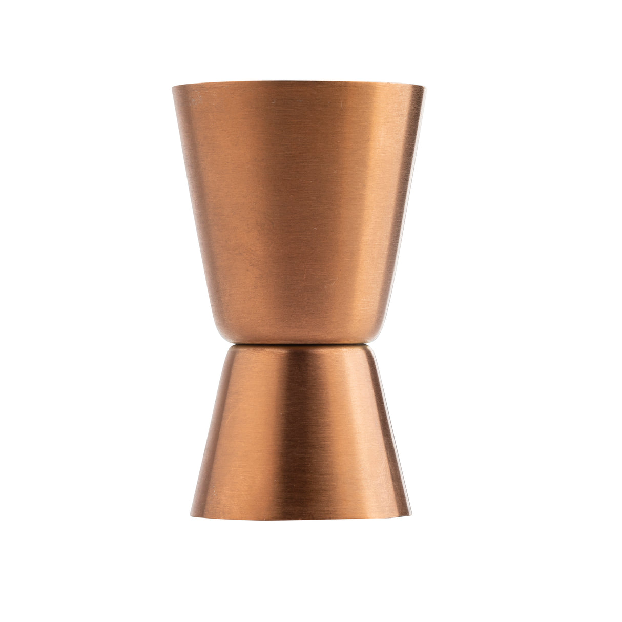 A TableCraft double-sided stainless steel jigger for measuring cocktails, with two conical cups joined at their bases. The larger top cup and smooth metallic finish make it stylish and practical, standing upright on a white background.