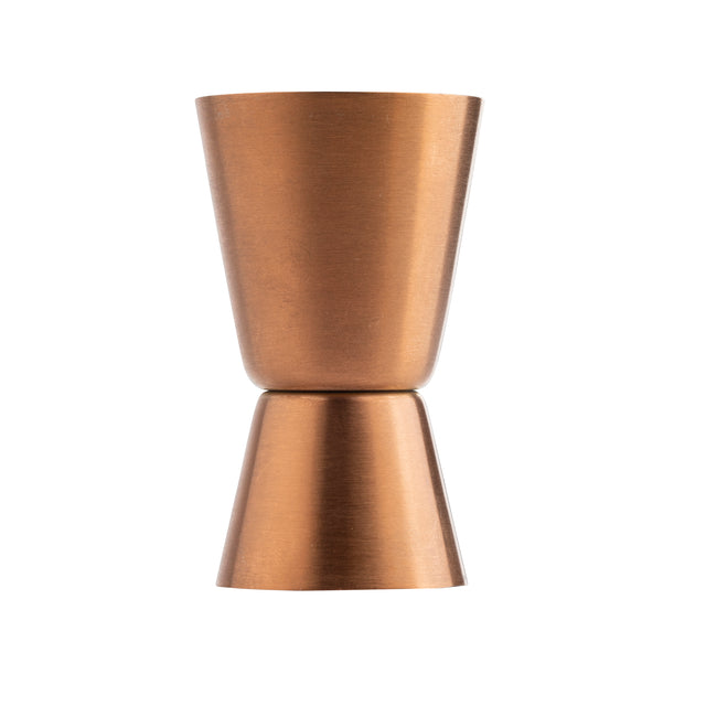 A TableCraft double-sided stainless steel jigger for measuring cocktails, with two conical cups joined at their bases. The larger top cup and smooth metallic finish make it stylish and practical, standing upright on a white background.