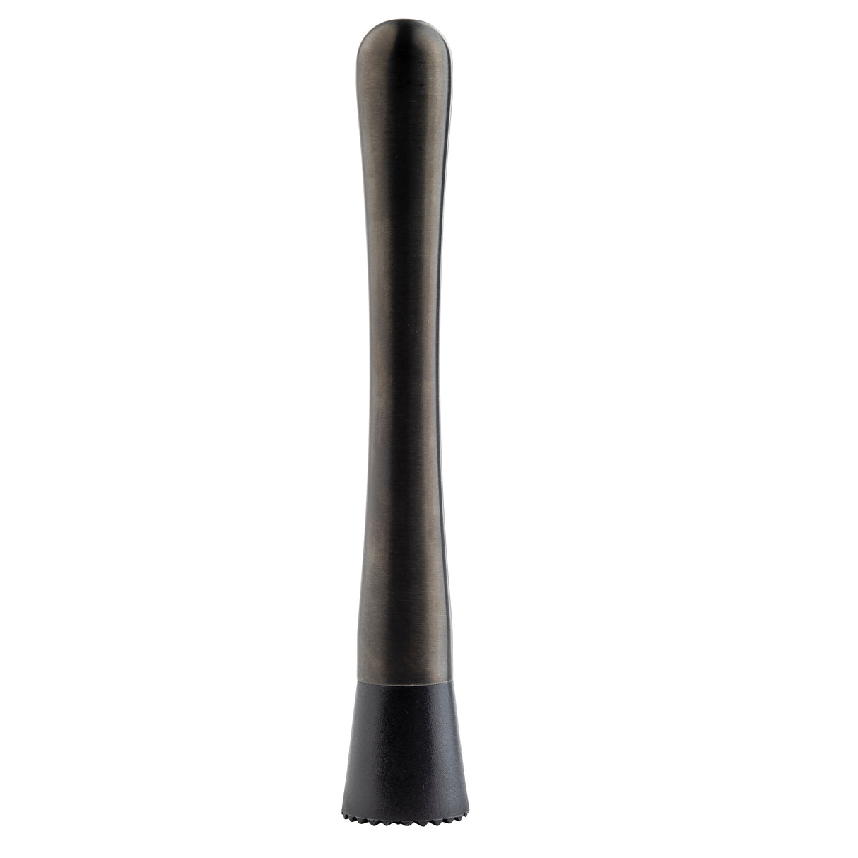 A gunmetal muddler with a brushed stainless steel finish and a black, textured plastic base, shown upright against a white background. The long, tapered handle and flat bottom are perfect for mashing ingredients in cocktails.