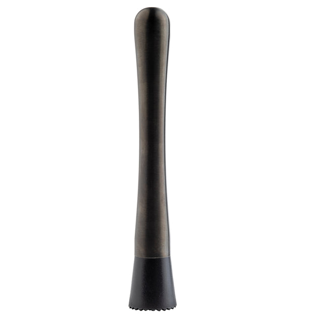 A gunmetal muddler with a brushed stainless steel finish and a black, textured plastic base, shown upright against a white background. The long, tapered handle and flat bottom are perfect for mashing ingredients in cocktails.