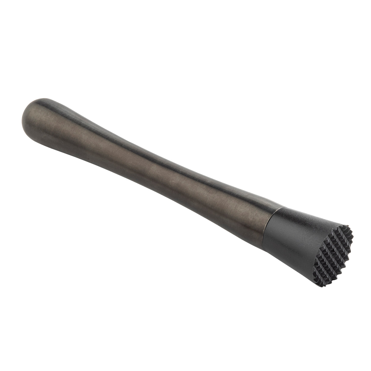A black cocktail muddler with a smooth handle that tapers towards a flat, textured end featuring raised ridges for better grip on herbs or fruit. This gunmetal muddler is placed on a white background.