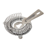 A gunmetal stainless steel cocktail strainer with a flat handle and wide circular rim surrounded by a coiled spring, designed to fit over a shaker or glass to strain ice and other solids when pouring drinks.
