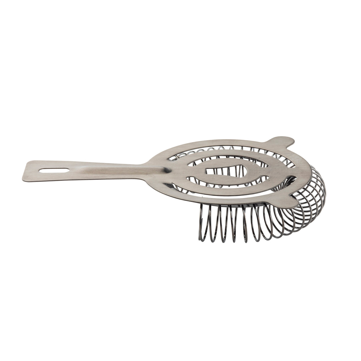 A gunmetal stainless steel cocktail strainer with a flat, slotted handle and a round, perforated center surrounded by a coiled spring, designed for straining ice from mixed drinks. The tool is isolated on a white background.