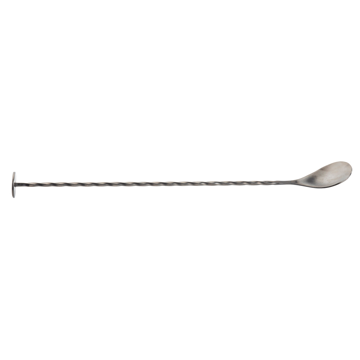 A long, stainless steel bar spoon with a twisted handle, a flat disc at one end, and a shallow, oval bowl at the other—perfect for mixing drinks and cocktails. The background is white.