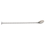A long, stainless steel bar spoon with a twisted handle, a flat disc at one end, and a shallow, oval bowl at the other—perfect for mixing drinks and cocktails. The background is white.