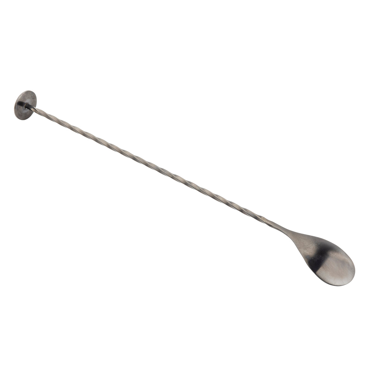 A long, slender TableCraft Bar Spoon with a twisted handle. Crafted from stainless steel, it features a small flat disc at one end and a shallow oval spoon at the other—perfect for mixing cocktails and stirring drinks. The background is plain white.