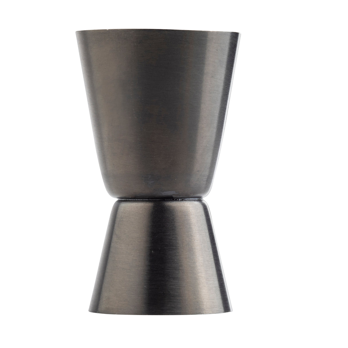 A gunmetal jigger with a brushed finish, shaped like an hourglass. Made from stainless steel, it features two cone-shaped measuring cups connected at the base, commonly used for measuring spirits in cocktail preparation. The upper cup is larger than the lower cup.