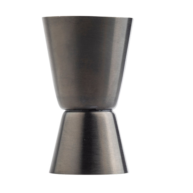 A gunmetal jigger with a brushed finish, shaped like an hourglass. Made from stainless steel, it features two cone-shaped measuring cups connected at the base, commonly used for measuring spirits in cocktail preparation. The upper cup is larger than the lower cup.