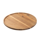 A round, flat TableCraft serving tray with a smooth surface and slightly raised edge, crafted from natural acacia wood featuring visible grain patterns. The tray is photographed against a plain white background.
