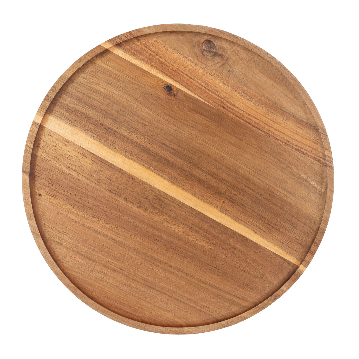 A round acacia wood serving tray with a natural grain pattern and slightly raised edge. The tray, reminiscent of TableCraft quality, features rustic wood knots and varying brown shades. Image taken from above on a white background.