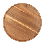 A round acacia wood serving tray with a natural grain pattern and slightly raised edge. The tray, reminiscent of TableCraft quality, features rustic wood knots and varying brown shades. Image taken from above on a white background.