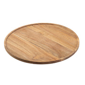 A round, flat acacia wood serving tray with a natural grain pattern and a slightly raised edge, photographed on a white background.