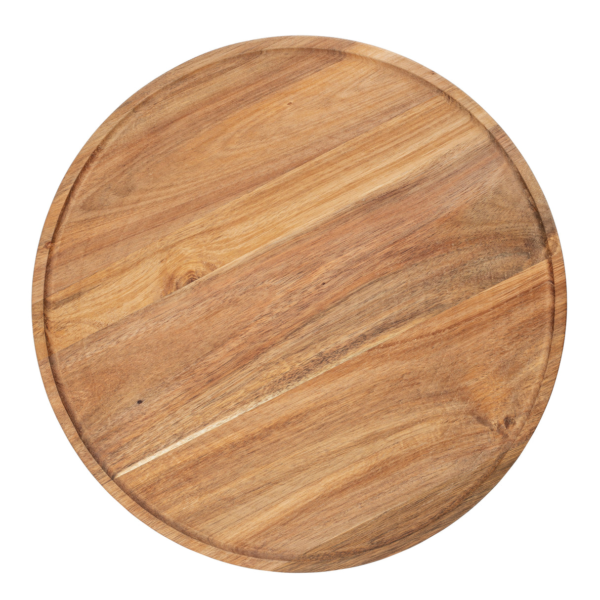 A round, light-brown TableCraft serving board crafted from acacia wood, featuring a slightly raised rim. Natural wood grain and color variations are visible. The board is photographed from above on a white background.