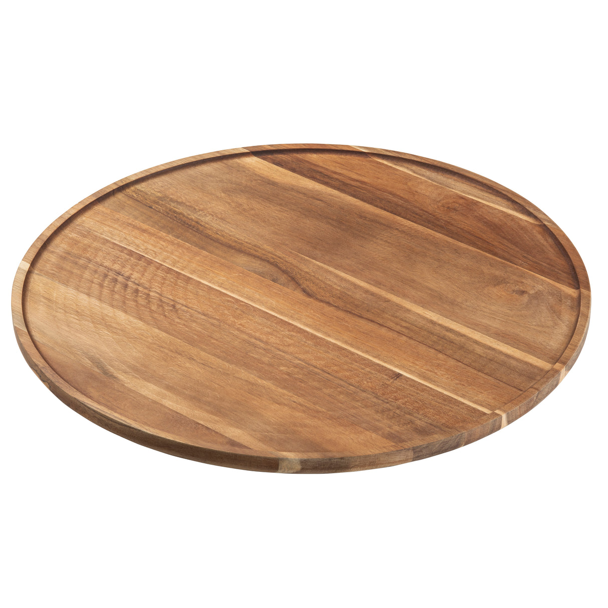 A round acacia wood tray with a shallow, raised edge, displaying natural grain patterns in light and medium browns. The smooth, polished surface resembles a Lazy Susan and rests empty against a white background.