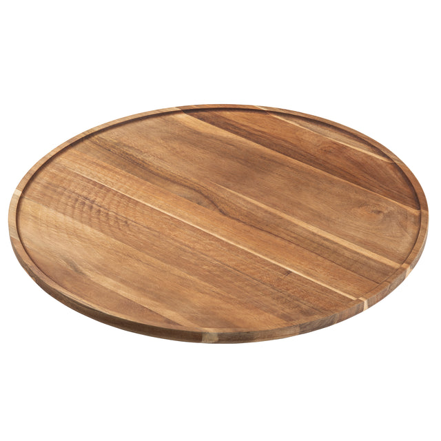 A round acacia wood tray with a shallow, raised edge, displaying natural grain patterns in light and medium browns. The smooth, polished surface resembles a Lazy Susan and rests empty against a white background.