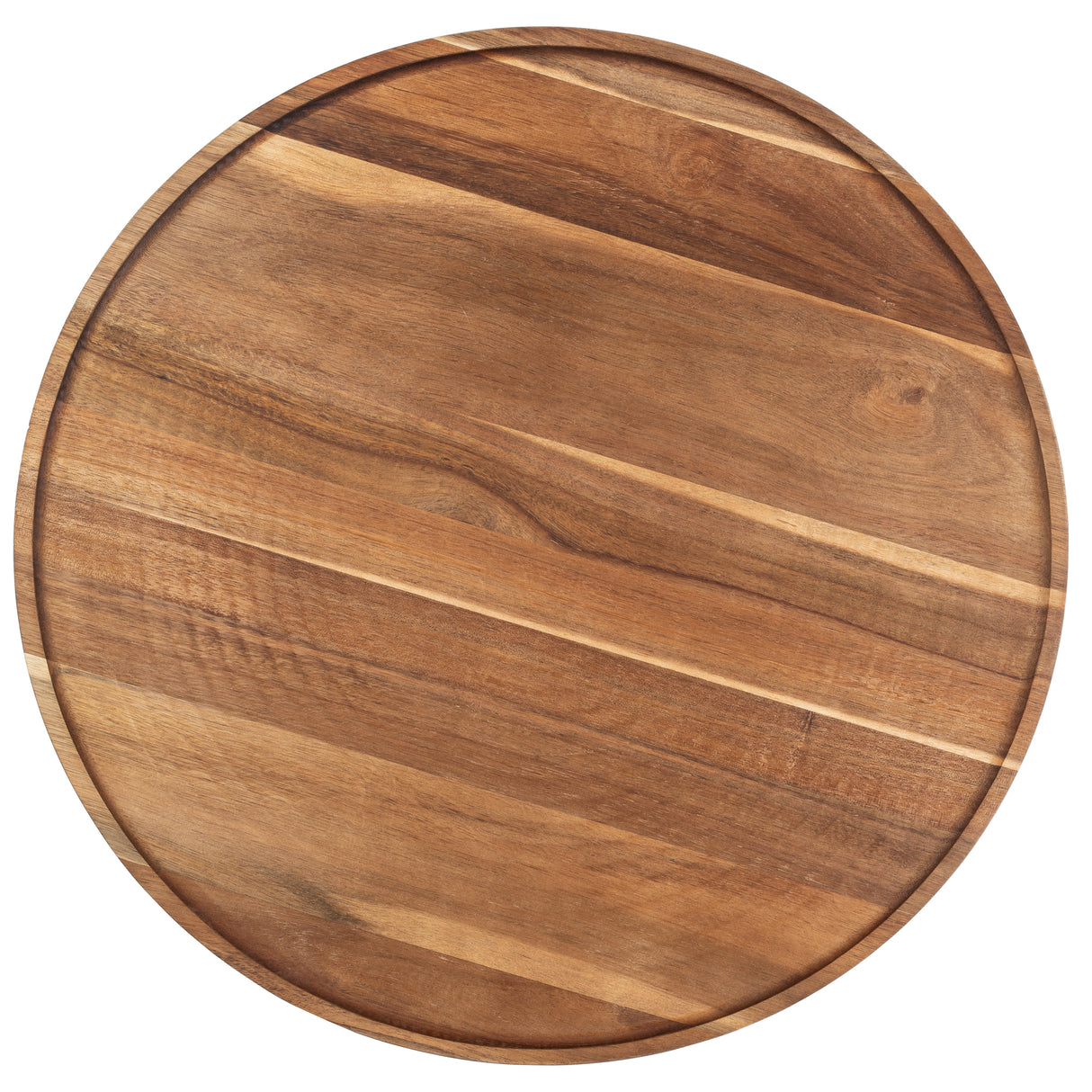 A round acacia wood cutting board with natural light and dark grain patterns, smooth surface, and slightly raised edge, placed on a white background.