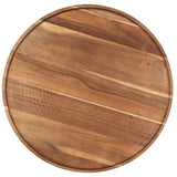 A round acacia wood cutting board with natural light and dark grain patterns, smooth surface, and slightly raised edge, placed on a white background.