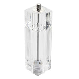 A clear, hexagonal acrylic Salt & Pepper Mill by TableCraft with smooth, flat sides. The silver metal knob on top allows easy grinding, while the central mechanism is visible through the transparent body. Stands upright on a white background.