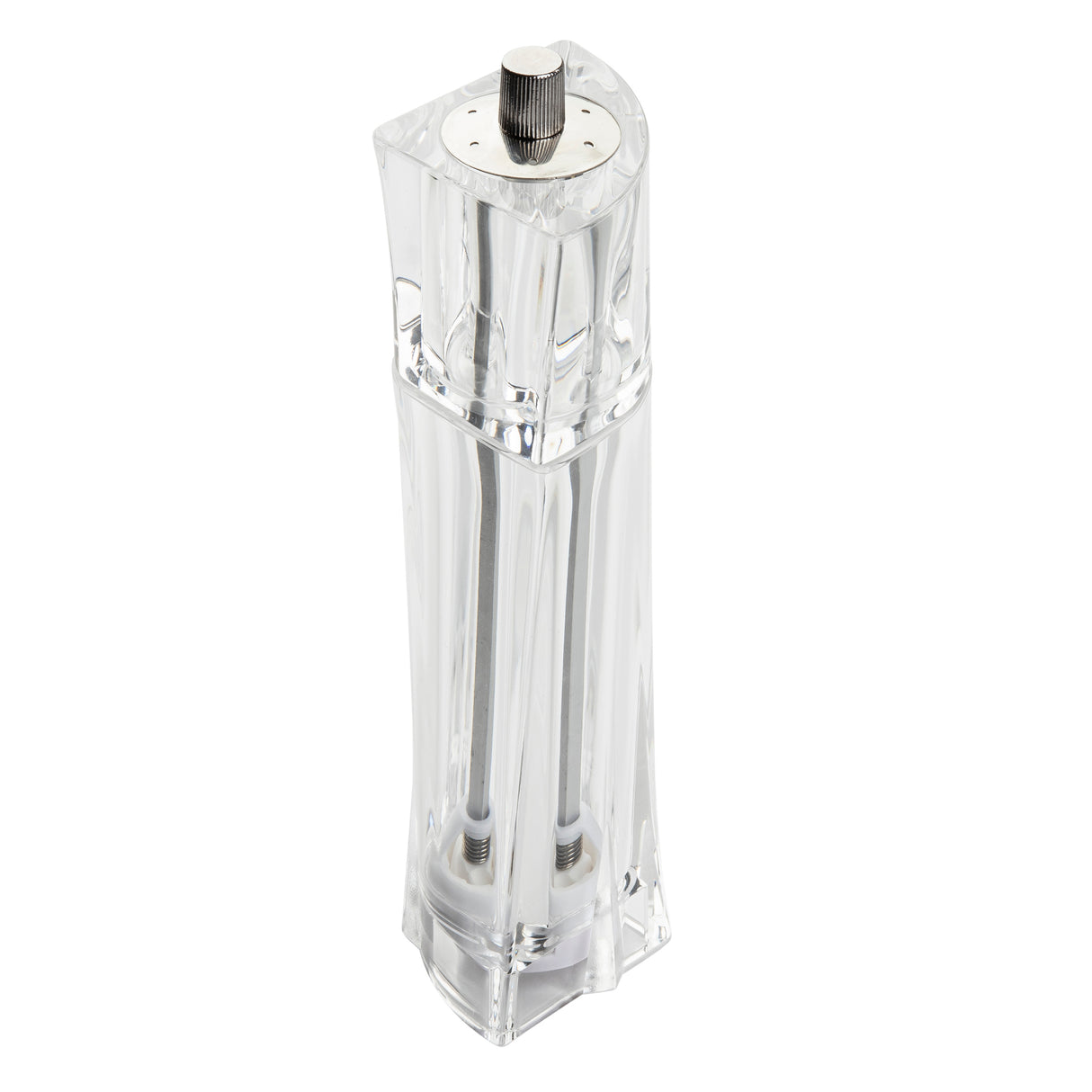 The TableCraft acrylic Salt & Pepper Mill features a clear, curvy square shape and visible grinding mechanism. Its transparent body lets you see the contents, while the metal knob on top allows for easy grind adjustment.