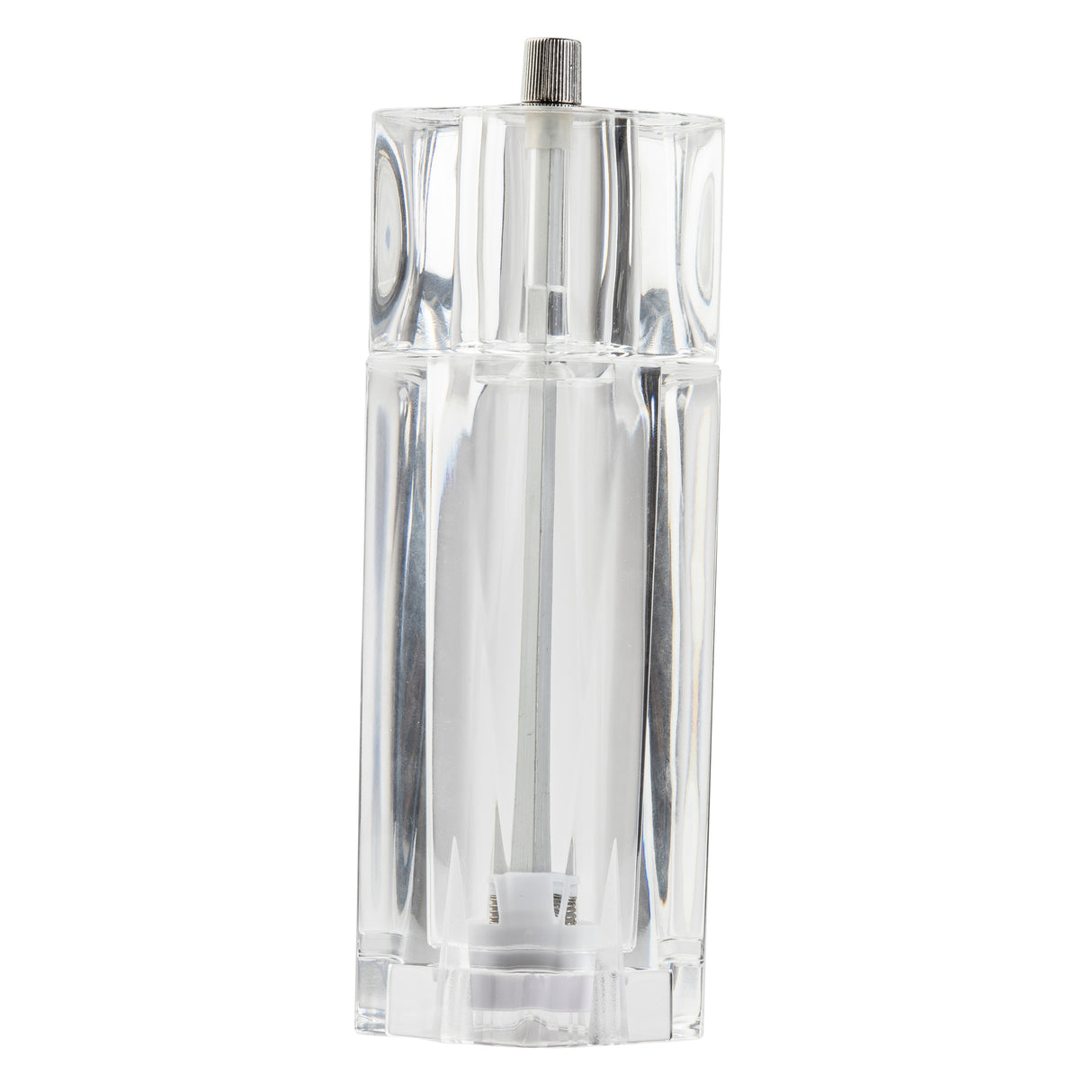 A clear rectangular acrylic spray bottle with a silver nozzle, seen upright against a white background. The bottle is empty, and the internal spray tube is visible through the transparent sides—a sleek accessory resembling TableCraft Salt & Pepper Mill designs.