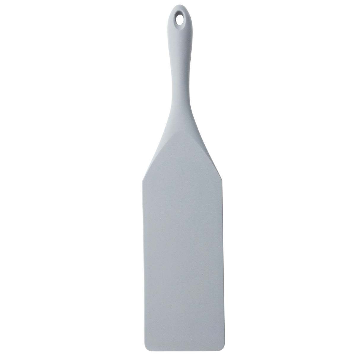 A light gray silicone spatula with a long, slightly curved handle and a hole near the top for hanging. NSF certified, its smooth edges and matte surface make this spurtle ideal for everyday kitchen use. Photographed on a white background.