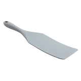A gray, NSF-certified silicone spatula with a wide, flat blade and a slightly curved handle featuring a hole at the end for hanging. The spatula is photographed on a white background.