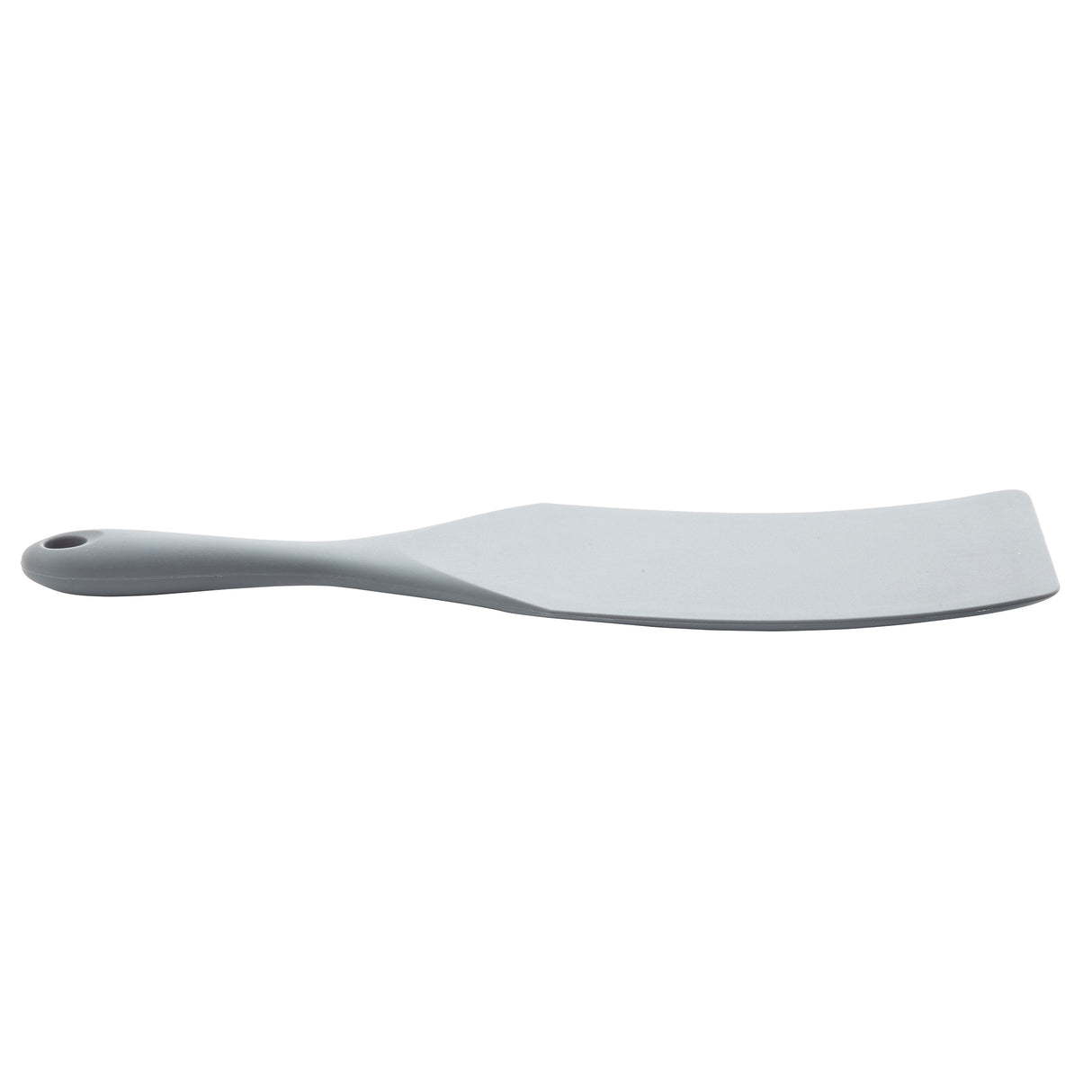 A gray silicone spatula, NSF certified, is displayed against a white background. The wide, slightly curved blade and handle with a small hanging hole make this kitchen tool practical and versatile.