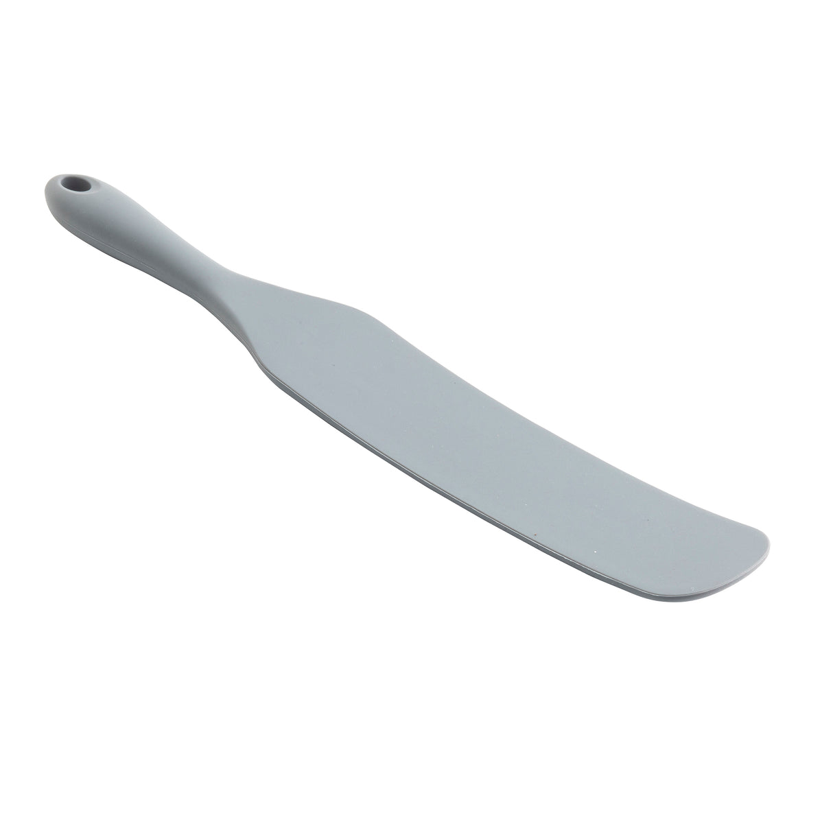 A gray NSF silicone spatula with a long, slightly curved handle and wide, flat blade. The handle has a small hole at the end for hanging. The spatula is photographed against a plain white background.