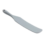 A gray NSF silicone spatula with a long, slightly curved handle and wide, flat blade. The handle has a small hole at the end for hanging. The spatula is photographed against a plain white background.