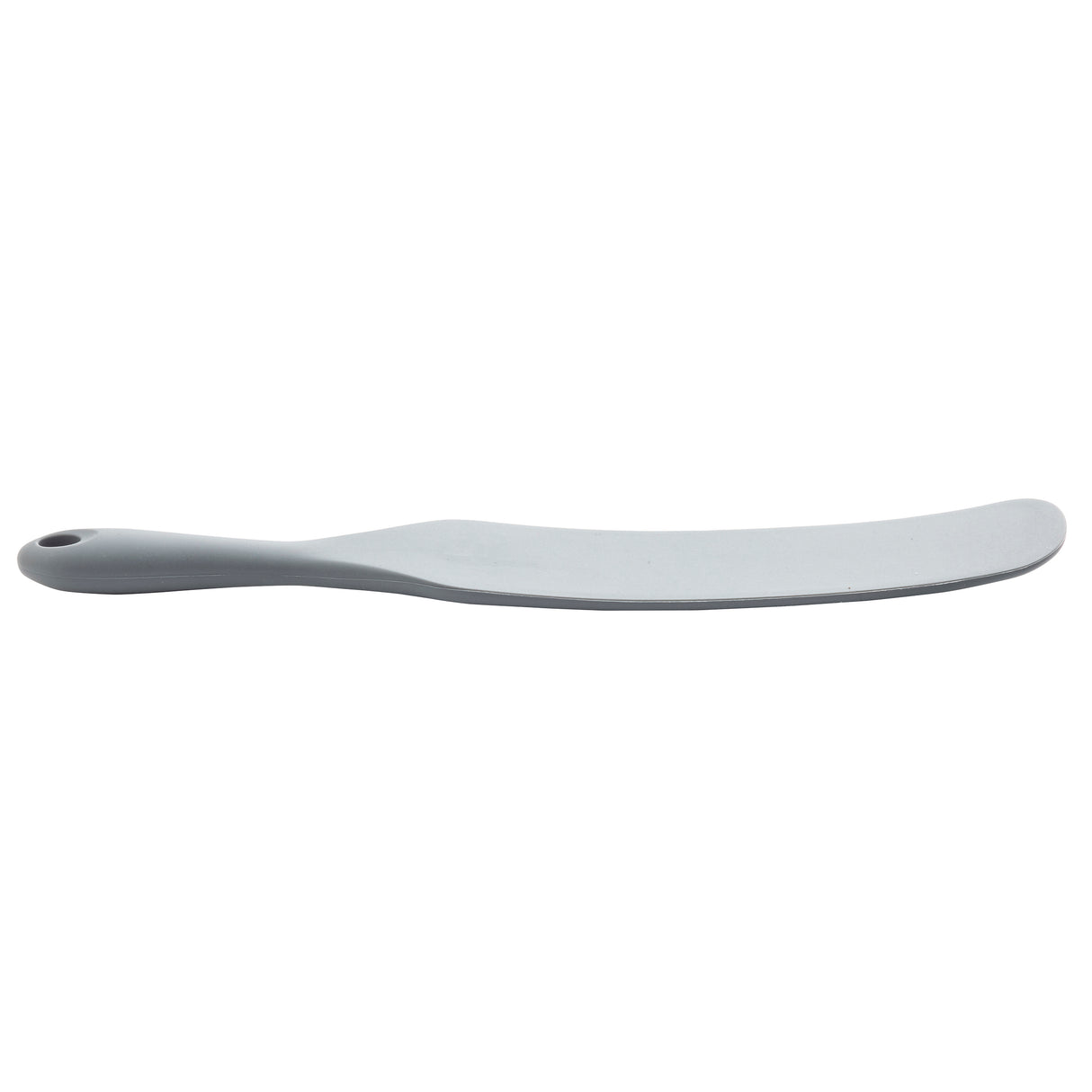 A gray, curved plastic spreader knife with a rounded tip and a small hole at the end of the handle, shown on a white background. This versatile spurtle-style blade is wide and flat, perfect for spreading soft foods like butter or jam.