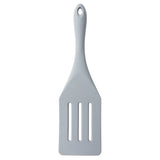 A grey slotted spatula with a rectangular, slotted blade and a slightly curved handle featuring a hanging hole. NSF certified, the spatula is photographed against a white background.