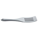 A gray silicone slotted spatula with a flat, rectangular head featuring three long slots and a slightly curved handle with a hole at the end, shown against a white background.