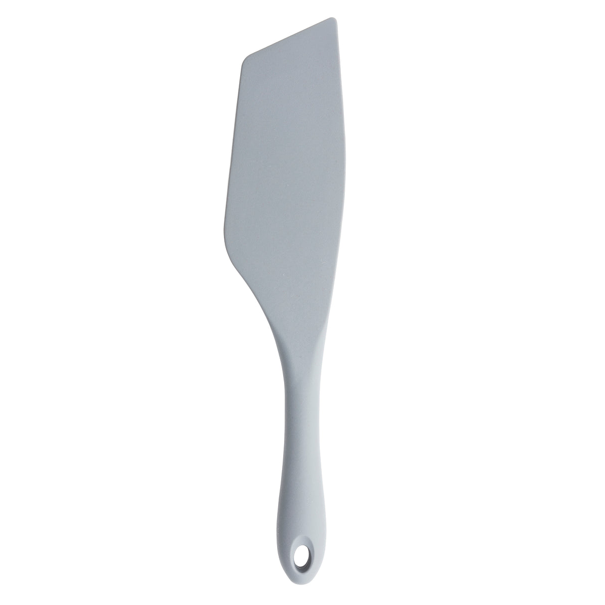 A light gray, silicone spatula with a slightly angled, asymmetrical blade and a rounded handle featuring a small hole at the end for hanging. This TableCraft spatula is photographed on a white background.