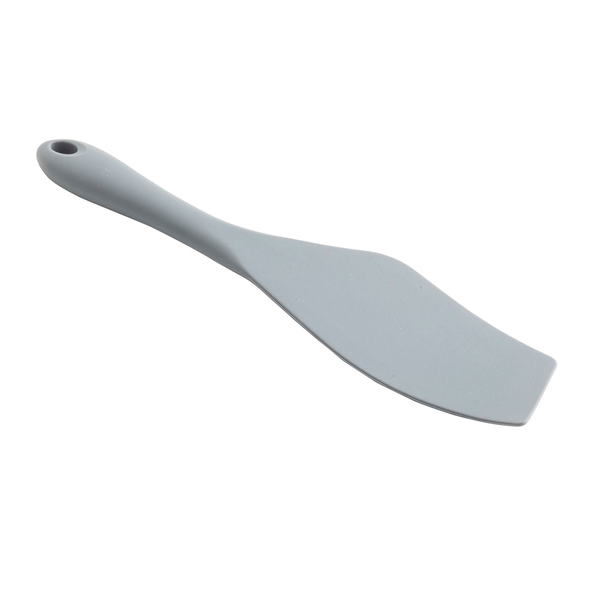 A light gray TableCraft silicone spatula with a flat, slightly angled blade and a rounded handle featuring a hole at the end for hanging, displayed on a white background.