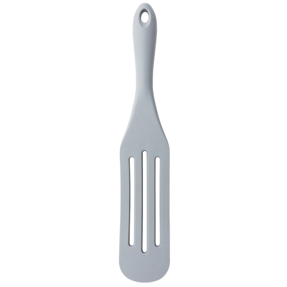 A gray silicone kitchen utensil with a long, straight handle, a small hanging hole at the top, and a flat, rectangular head featuring two long rectangular slots. The spatula, similar to a slotted spurtle, is photographed on a white background.