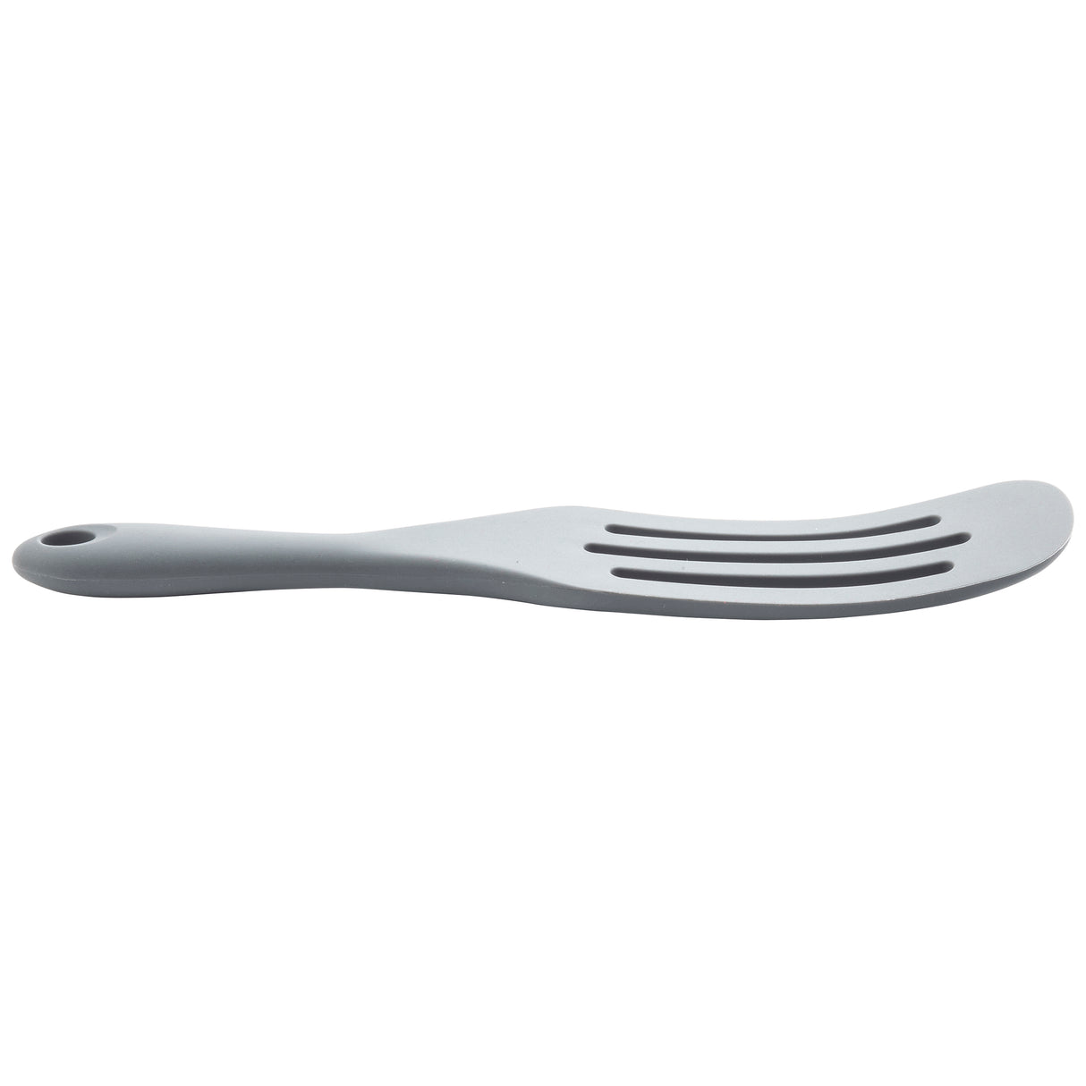 A gray, curved silicone kitchen utensil with a wide, flat head and three parallel slits—this slotted spurtle is perfect for lifting or serving food. Its handle has a small hole for hanging, combining practical design with NSF-level safety.