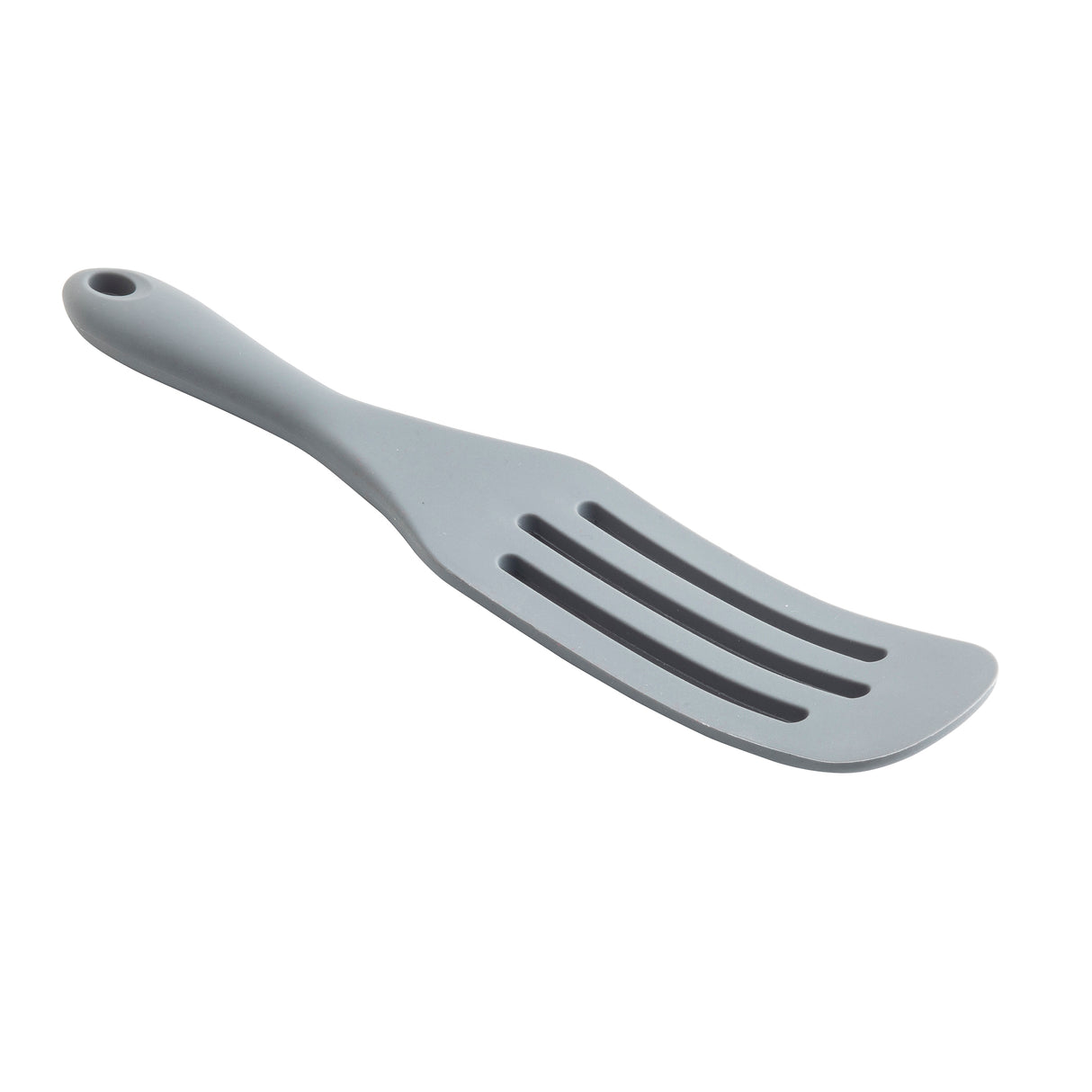 A gray, slotted silicone kitchen utensil with a curved handle and three long slots in the flat head, designed for flipping or serving food. The handle has a small hole for hanging. This spatula is shown on a white background.