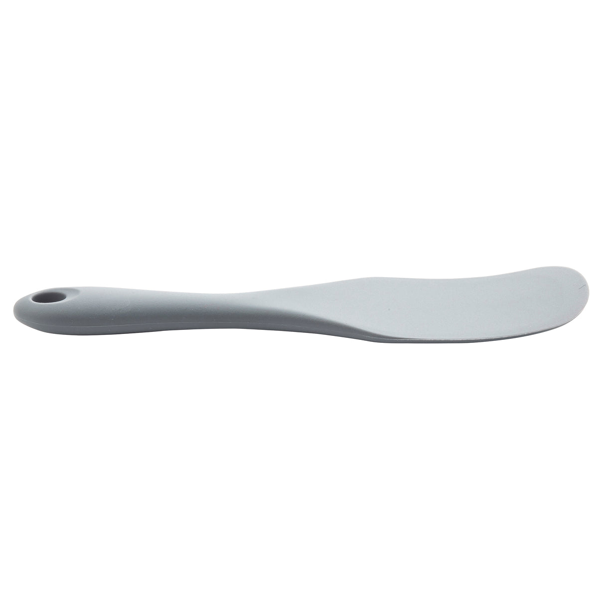 A gray, curved silicone kitchen utensil, shaped like a Solid Spurtle, with a rounded end and a hole at the handle’s base. It rests flat on a white background and looks smooth, ergonomic, and perfect for spreading butter or soft foods.